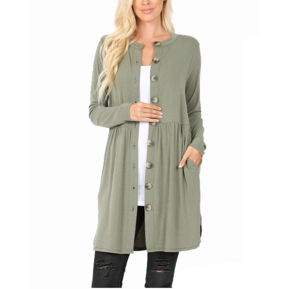 Light Olive Shirred Waist Button Cardigan Pockets